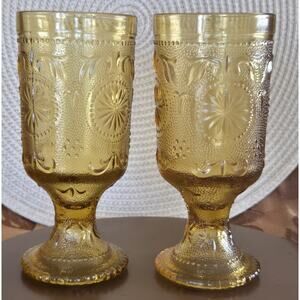 2 Vintage Brockway Glass American Concord Amber Water Glass Goblet Tumbler 8oz